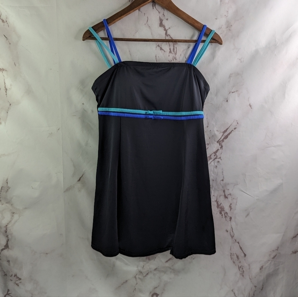 A Shore Fit Swim Dress Womens 14 Large Black Blue Bow One Piece Bikini Suit Pads